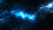 © Sahraya - Realistic blue laser light beams shining on dark background. Vector illustration of neon spotlight rays glowing in air with smoke effect, night club party, concert stage illumination, space battle