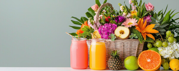 Wall Mural - Fresh fruit juices and vibrant flowers in basket create colorful display. arrangement features tropical fruits, including pineapple, orange, and apple, alongside beautiful blooms