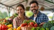 © Vilaysack - A smiling couple stands at a vibrant market stall filled with fresh vegetables and fruits, promoting a healthy lifestyle and community engagement.