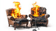 © Sahraya - Burning broken chairs and armchairs, old junk furniture in fire, defected home interior objects with torn upholstery and sticking springs isolated on white background, Cartoon vector illustration, set