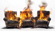 © Sahraya - Burning broken chairs and armchairs, old junk furniture in fire, defected home interior objects with torn upholstery and sticking springs isolated on white background, Cartoon vector illustration, set