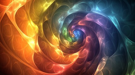 Spiral tunnel of shifting colors made of abstract glowing material in motion