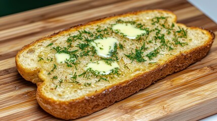 Wall Mural - Toasted bread with butter and herbs on a wooden cutting board.