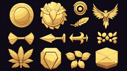 Game level golden ui icons, buttons, isolated award or bonus frames, empty badges or banners with red glossy plank, gold wings, laurel wreath or spider legs decor. Vector graphic elements for rpg