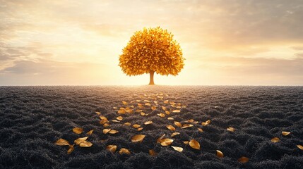 Wall Mural - A solitary tree with golden leaves stands against a sunset, surrounded by a serene landscape.