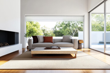 Wall Mural - Modern living room with natural light and minimalist design in a sunny setting