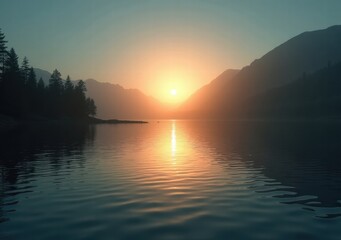 Wall Mural - Sunset reflection over calm lake surrounded by mountains and forest in serene nature