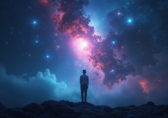 Wall Mural - Person gazes at colorful cosmic landscape under a starlit sky at night