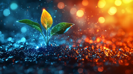 Poster - Close-up of a sprouting plant in soil with glowing blue and orange bokeh background