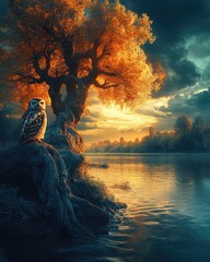 Wall Mural - A serene landscape featuring an owl by a river with a vibrant tree at sunset.