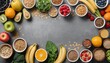 © diditlagi - Healthy food clean eating selection: fruit, vegetable, seeds, superfood, cereal, leaf vegetable on gray concrete background