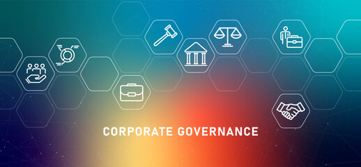Poster - Corporate Governance gradient header rights law government rules executive corporation work employee relations management business design icon outline set collection