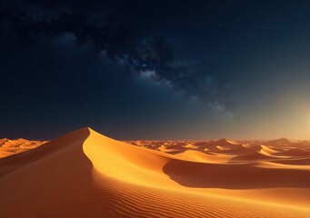 Wall Mural - Expansive desert landscape with golden sand dunes under a cloudy sky at sunset