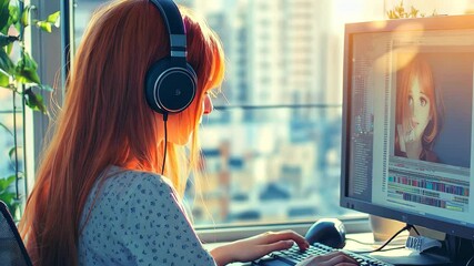 Poster - anime girl with headphones focused on computer work in bright room overlooking cityscape, anime girl