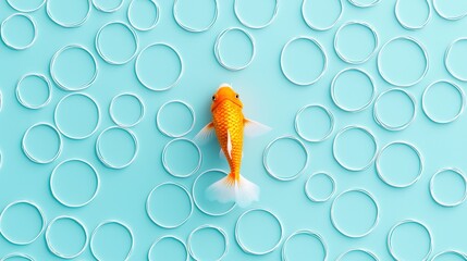 Poster - Goldfish swimming among circular patterns underwater scene hyperrealistic art calm environment top-down view visual harmony