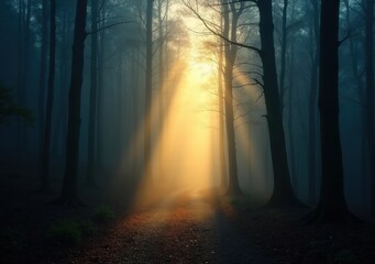 Wall Mural - Light beams filter through trees in a serene forest during early morning fog