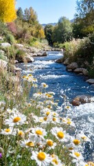 Wall Mural - A serene riverside scene with wildflowers and flowing water under a clear blue sky.