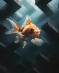 Poster - Goldfish navigating an intricate underwater labyrinth ocean depths digital artwork surreal environment close-up view exploration theme