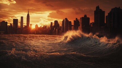 Majestic sunset over ocean waves against new york city skyline