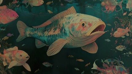 Wall Mural - Koi Fish Underwater Painting: Vibrant Aquatic Life