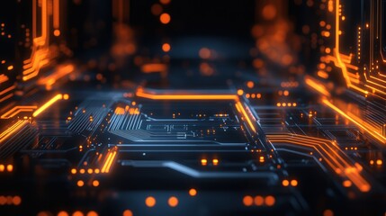 Abstract background with circuit board and technology lines, orange