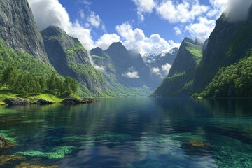 Wall Mural - Serene mountain landscape with a tranquil lake and lush greenery under a blue sky.