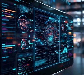 Poster - This futuristic data visualization dashboard displays intricate graphics and analytics, showcasing a blend of technology and design that enhances data interpretation and user interaction.
