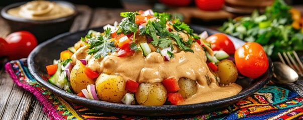 Freshly Prepared Dish with Creamy Sauce and Colorful Vegetables on a Wooden Table Setting