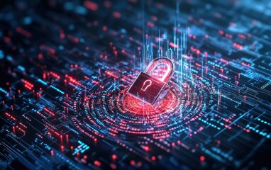 Poster - This captivating image depicts a digital lock surrounded by vibrant data streams, symbolizing the importance of cybersecurity in protecting information in our increasingly connected world.