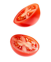 half of fresh tomato slices isolated on white transparent background, set of ripe tomato pieces, cutout png