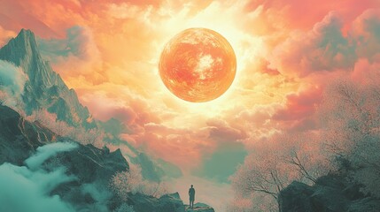 Canvas Print - Surreal Landscape: A Solitary Figure Under a Giant Moon