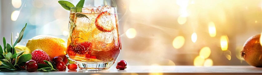 Poster - Refreshing Summer Cocktail with Strawberries, Lemons, and Bubbles in a Bright Setting