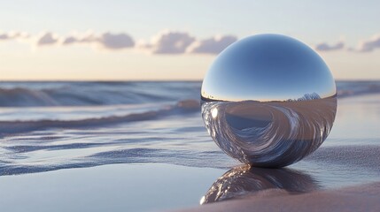 Wall Mural - Reflective Sphere on a Tranquil Beach at Sunset