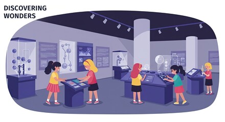 Illustration of People are looking at a display of different types of objects.