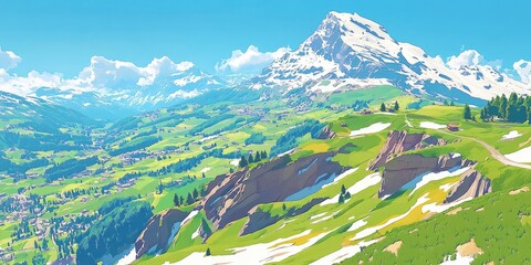 Wall Mural - A vibrant, stylized landscape featuring a snow-capped mountain and lush green valleys.