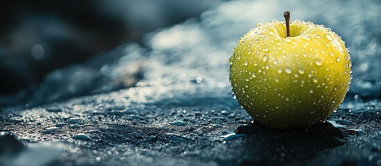 Canvas Print - Dew-covered green apple on wet stone.