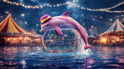 Wall Mural - Dolphin jumps through hoop in a circus show at night.