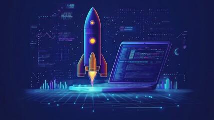 Digital rocket launch from laptop, futuristic technology, code background