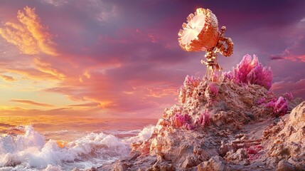 Wall Mural - A surreal landscape featuring a large, ornate structure atop a rocky formation by the sea.