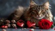 © HambaTuhanImages - Adorable Maine Coon cat with chocolates and red rose for Valentine's Day.