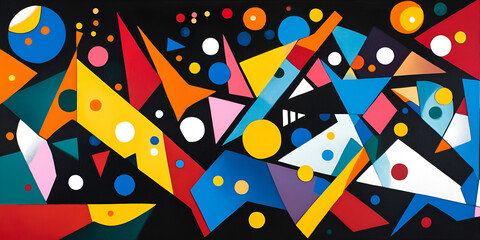 Poster - abstract geometric collage: a vibrant tapestry of colors and shapes dance on a black canvas, creatin