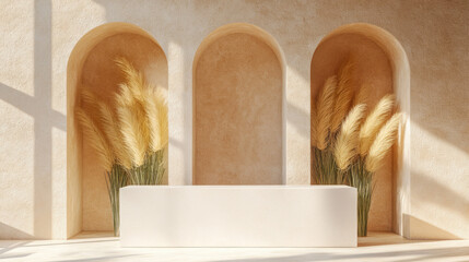 Canvas Print - White display podium in arched niche with pampas grass.