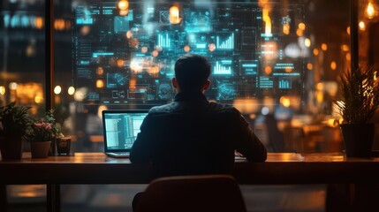 Poster - a person working on a laptop in a dimly lit room, surrounded by digital data visualizations and city