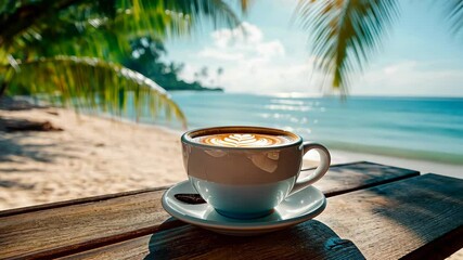 Wall Mural - Enjoying coffee by a tropical beach on a sunny day with palm trees and gentle waves, Cup of coffee on a table by a tropical beach in bright summer sunlight