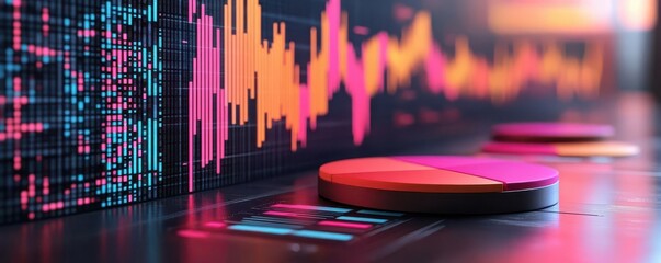Poster - A vibrant display of data visualization, featuring colorful sound waves and circular elements, highlighting modern technology and analytics.