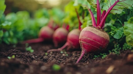 Wall Mural - Young beets growing in the soil in a vegetable garden at sunset