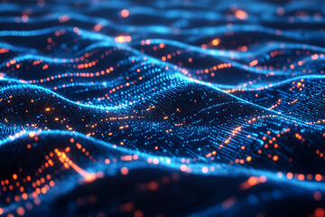 Fototapete - Digital Wave: Abstract rendering of a flowing data stream, visualized as luminous blue and orange particles undulating across a dark background.