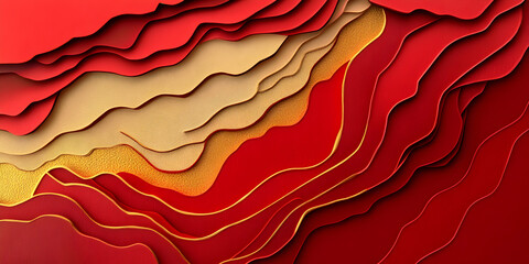 Fototapete - abstract red and gold papercut landscape: a mesmerizing interplay of layered textures, bold red and 