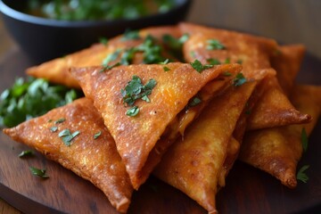 Wall Mural - Delicious quesadillas with melted cheese and fresh herbs garnished on wooden board