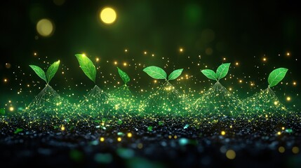 Poster - Growing plants, glowing, night, soil, bokeh, technology, sprout, growth, eco, sustainability